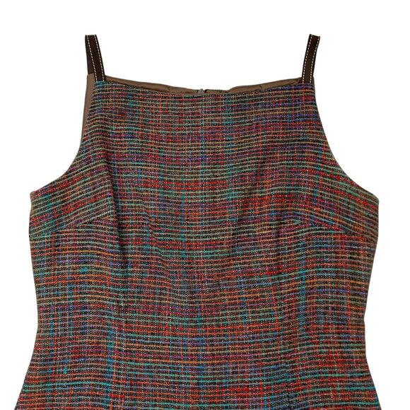 David Meister Dress Womens 8 Brown Sheath 100% Silk Sleeveless Pleated Tweed - Picture 2 of 12